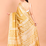 Yellow Hand Block Painted Pure Silk Saree Back View
