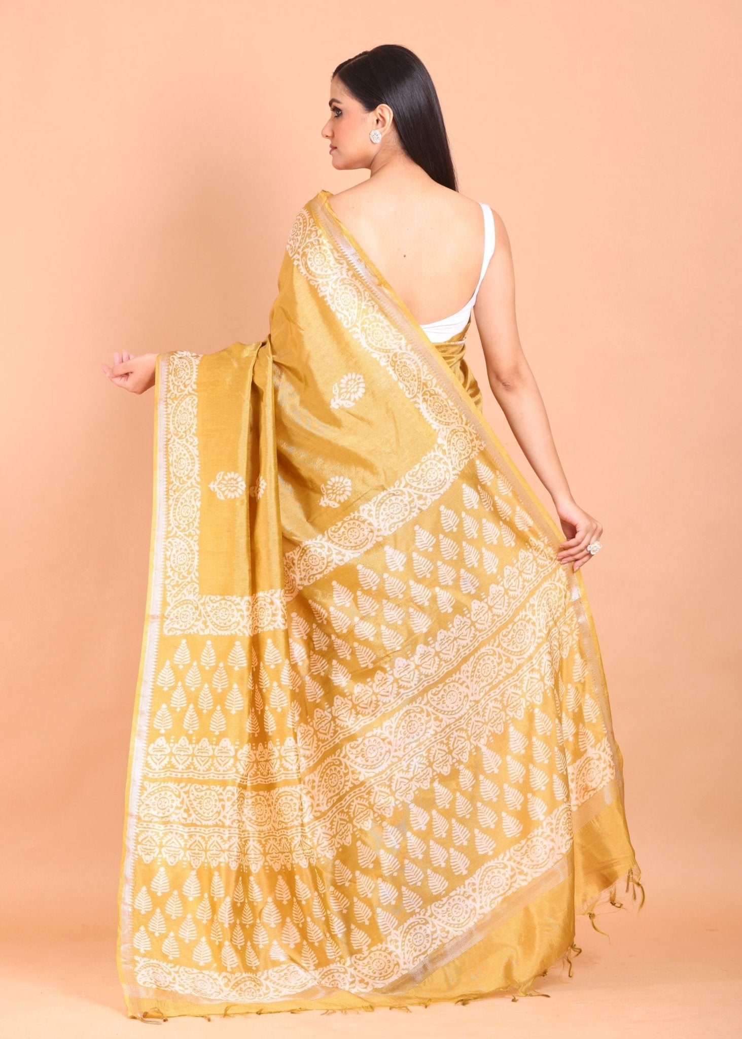 Yellow Hand Block Painted Pure Silk Saree - Anvi Couture