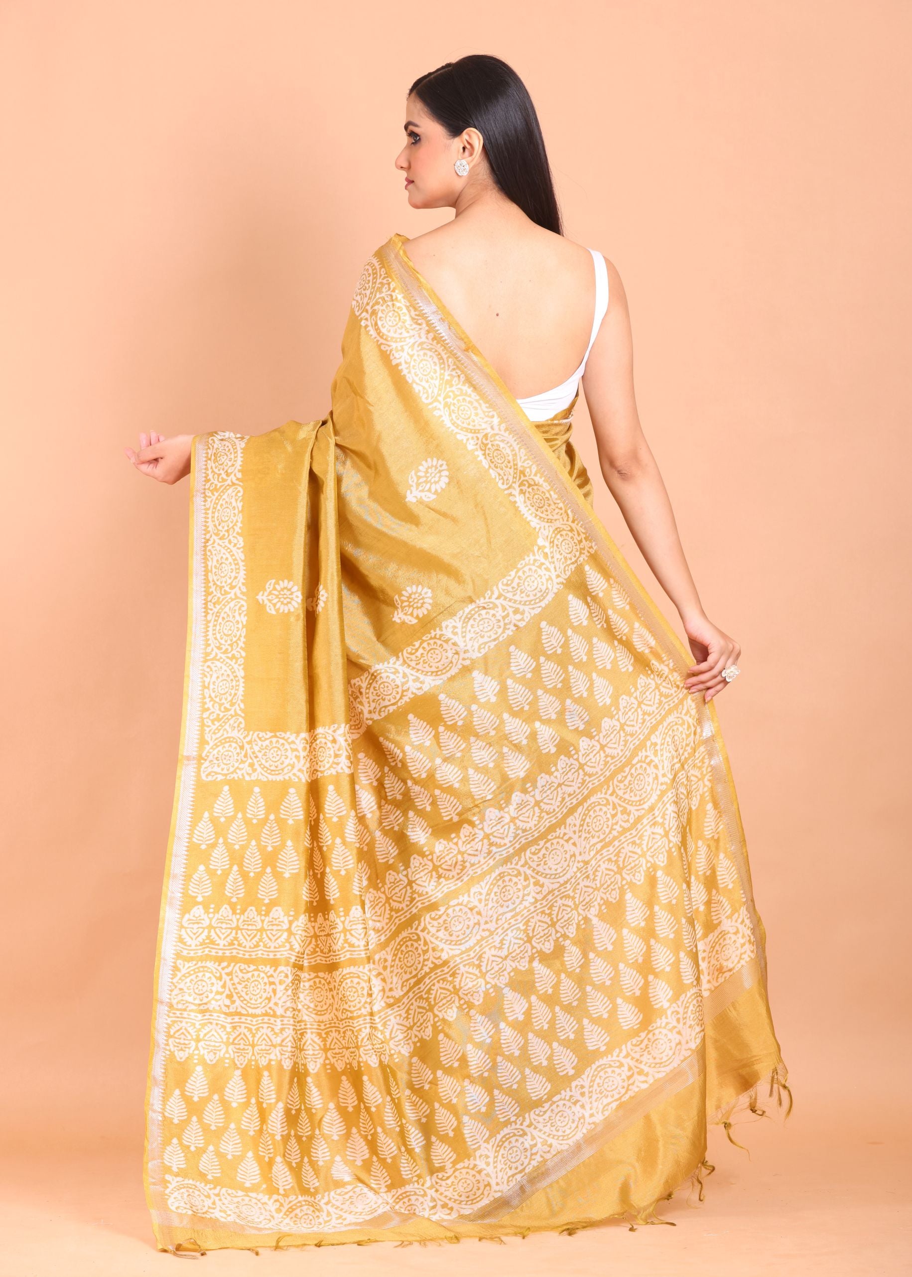 Yellow Hand Block Painted Pure Silk Saree Back View