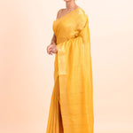 Yellow Handloom Silk Saree With Golden Checks Side View