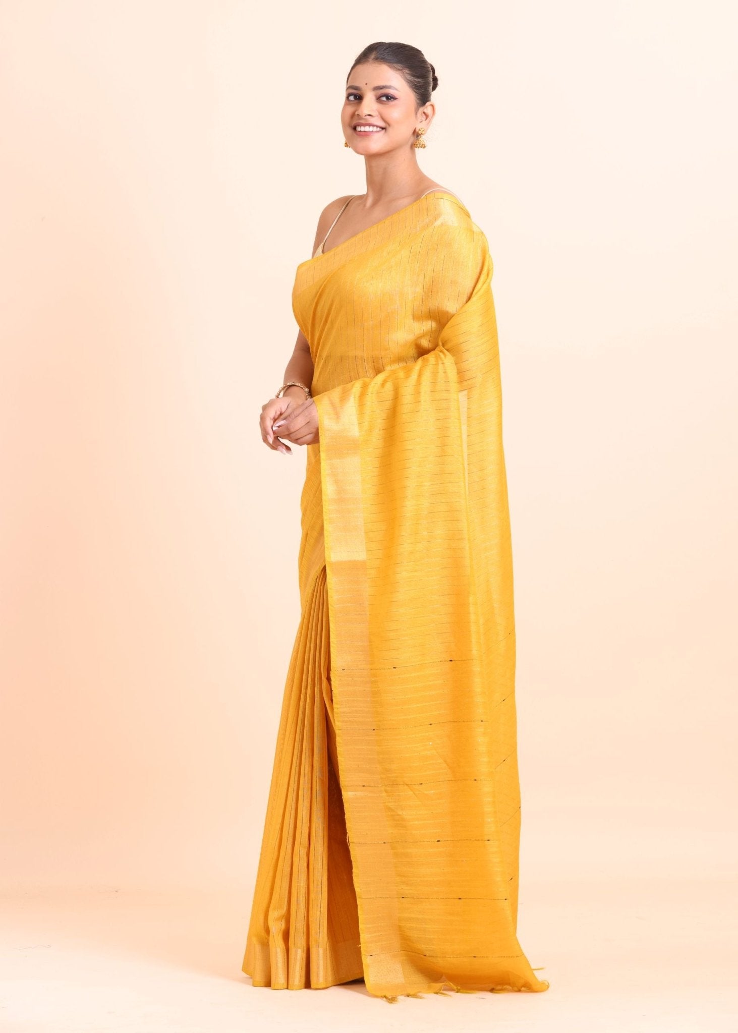 Yellow Handloom Silk Saree With Golden Checks - Anvi Couture