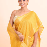 Yellow Handloom Silk Saree With Golden Checks Close Up View