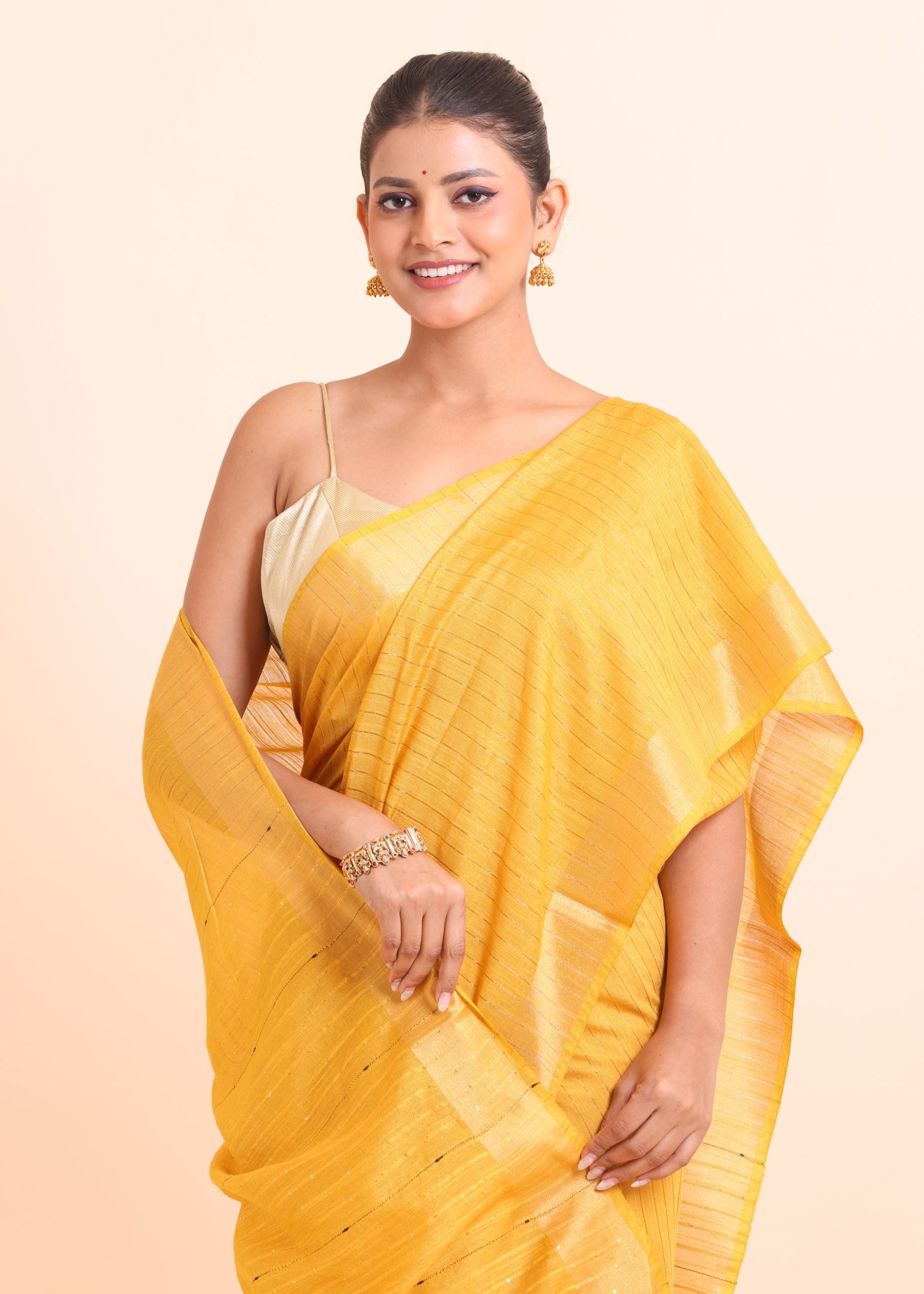 Yellow Handloom Silk Saree With Golden Checks Close Up View