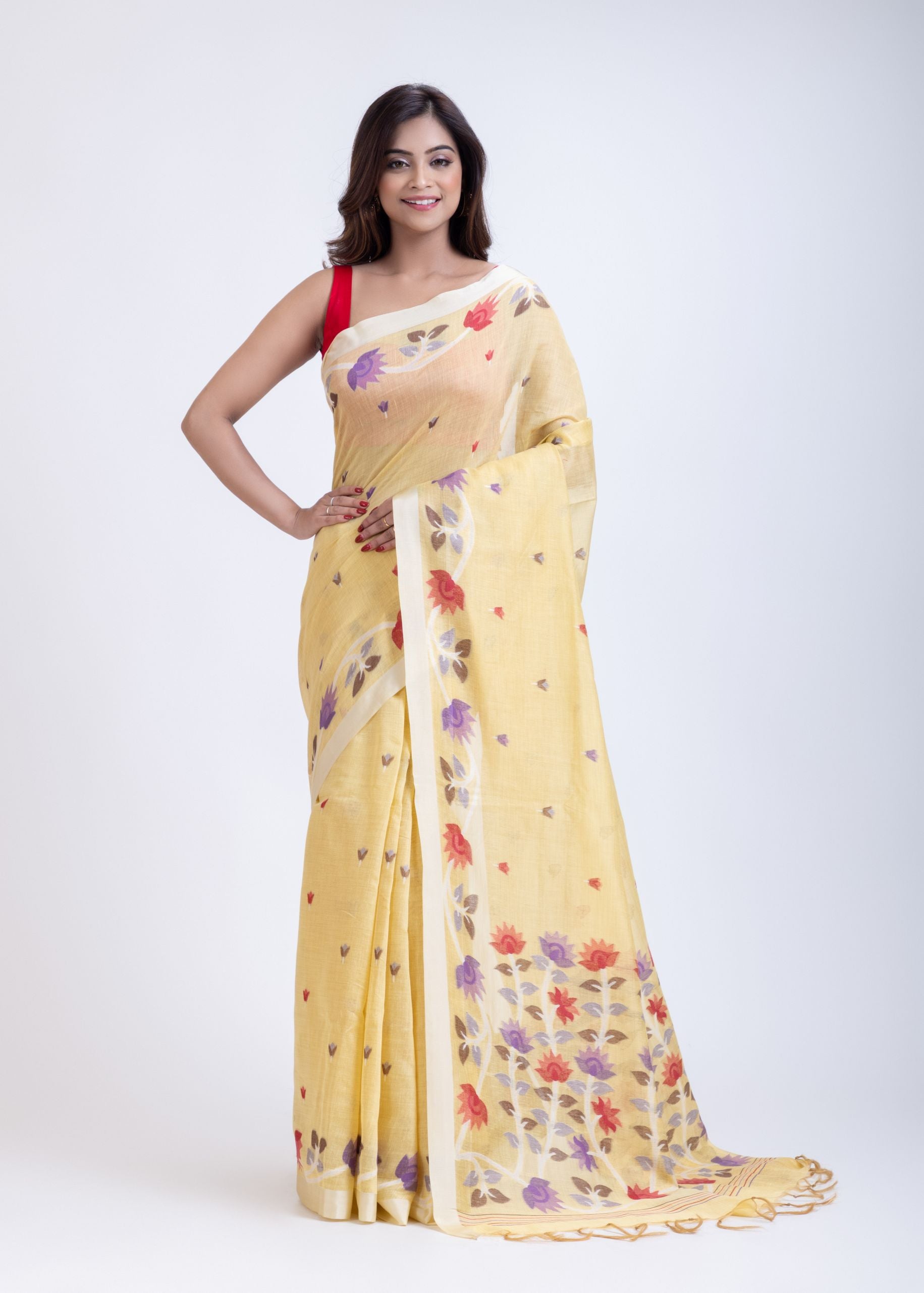 Yellow Jamdani Saree with Intricate Floral Weave Full