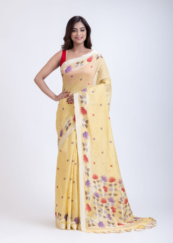 Yellow Jamdani Saree with Intricate Floral Weave - Anvi Couture