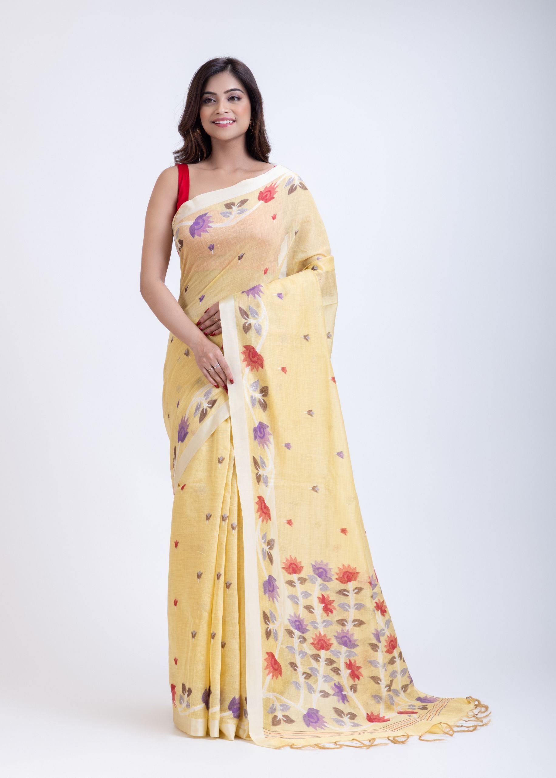 Yellow Jamdani Saree with Intricate Floral Weave Front