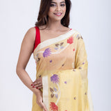 Yellow Jamdani Saree with Intricate Floral Weave Close Up