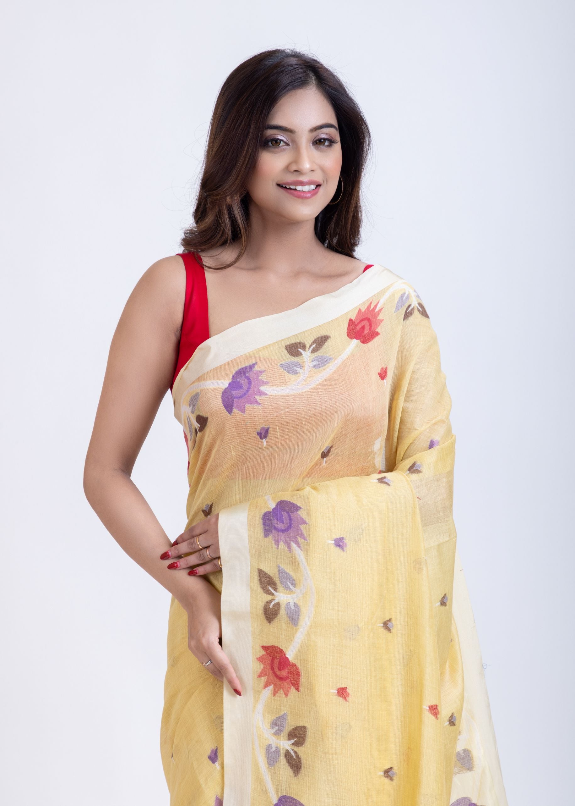 Yellow Jamdani Saree with Intricate Floral Weave Close Up