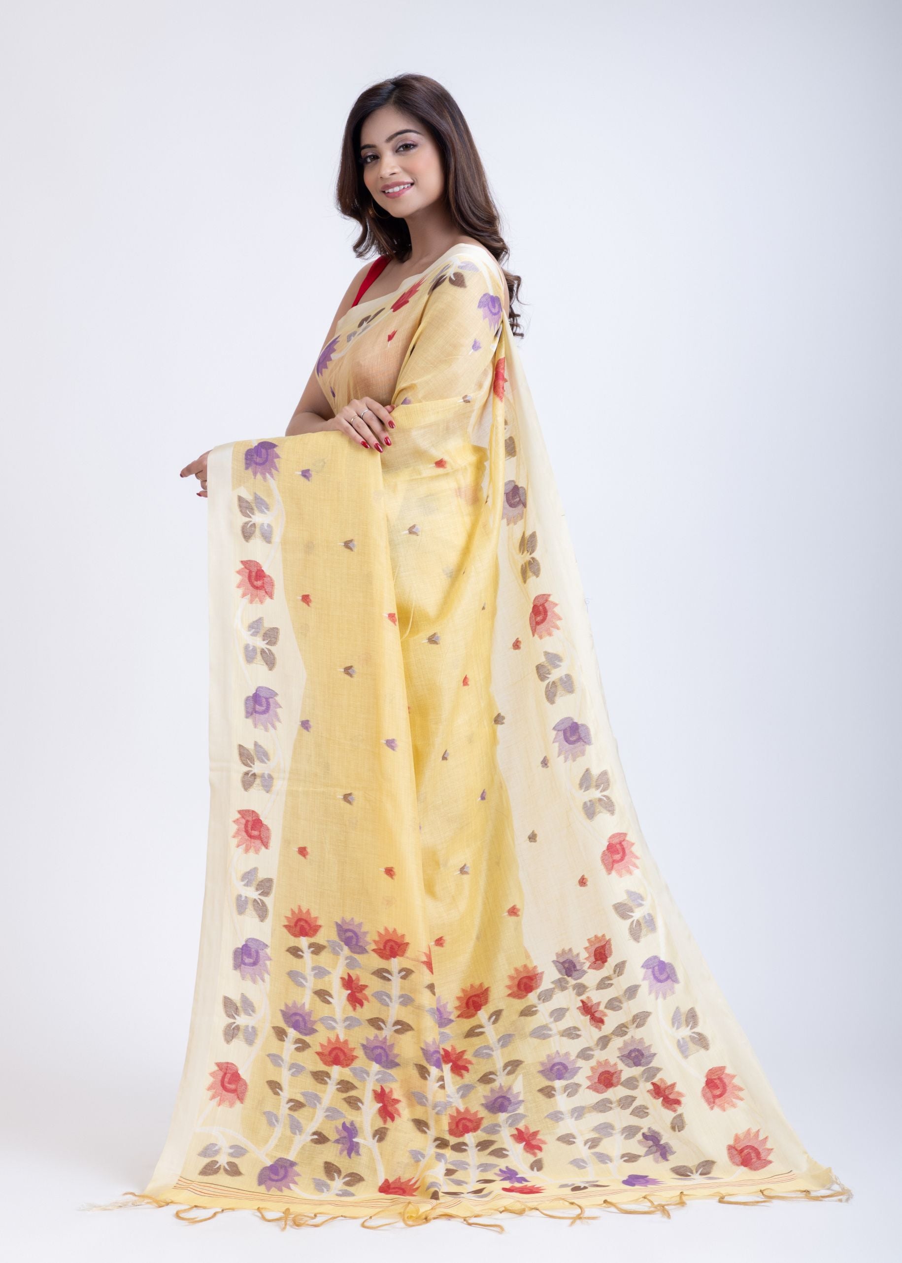 Yellow Jamdani Saree with Intricate Floral Weave Back