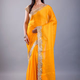 Yellow Jimmy Choo Saree With Gold Embroidered Embellishment – Front View – Anvi Couture