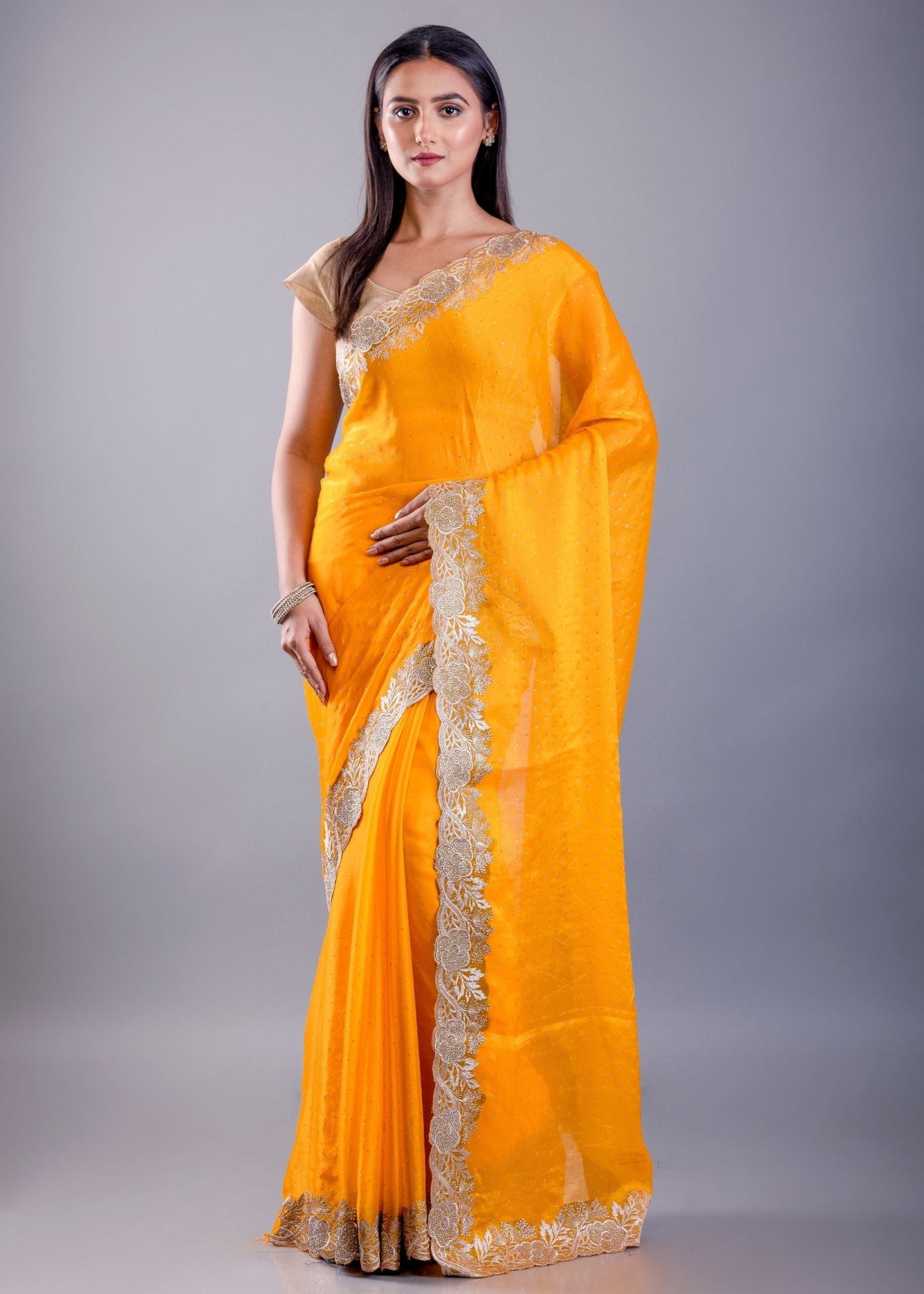 Yellow Jimmy Choo Saree With Gold Embroidered Emblishment - Anvi Couture