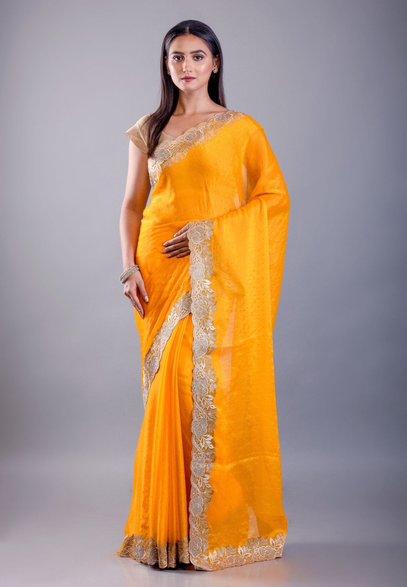 Yellow Jimmy Choo Saree With Gold Embroidered Embellishment – Front View – Anvi Couture