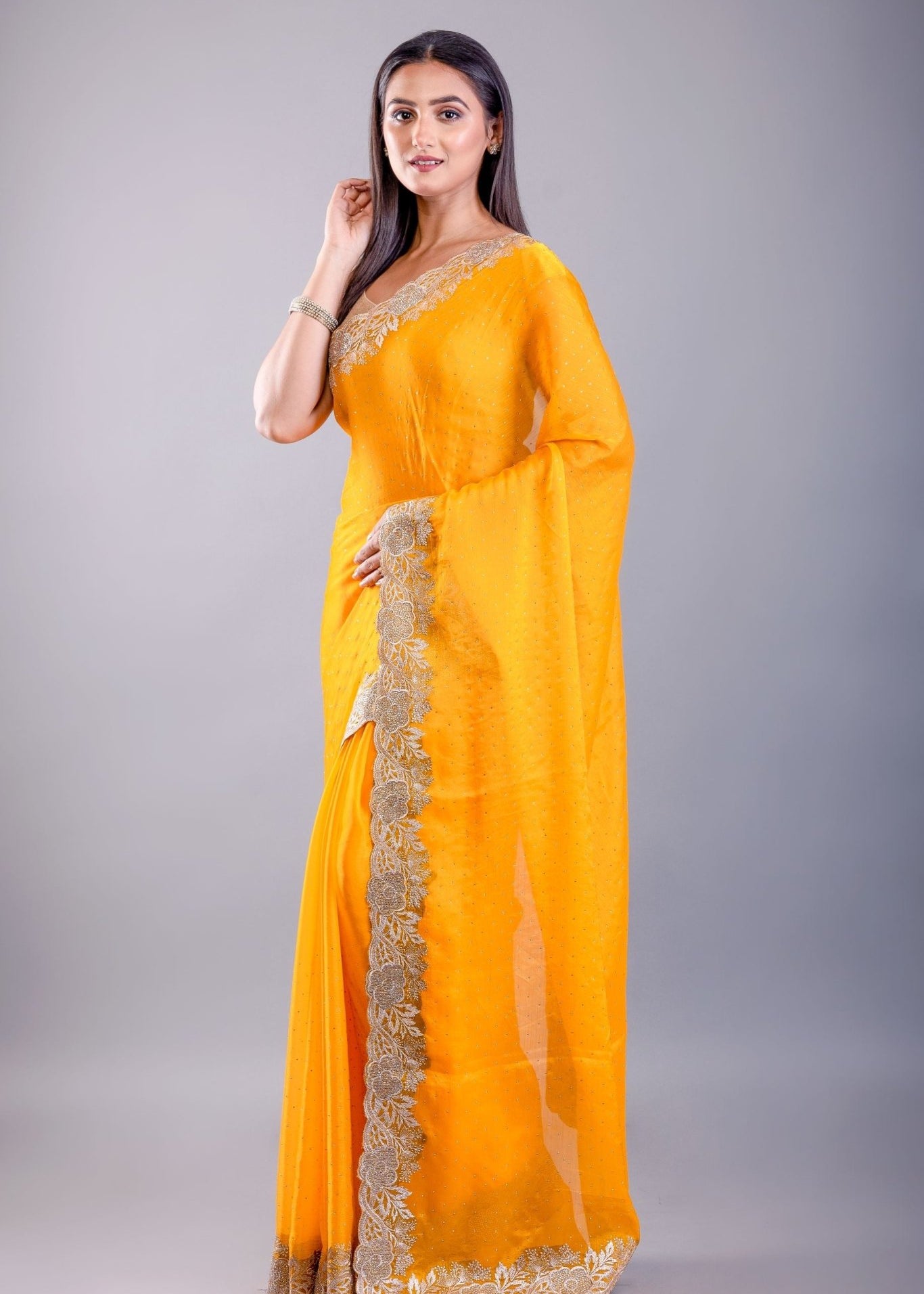Yellow Jimmy Choo Saree With Gold Embroidered Emblishment - Anvi Couture
