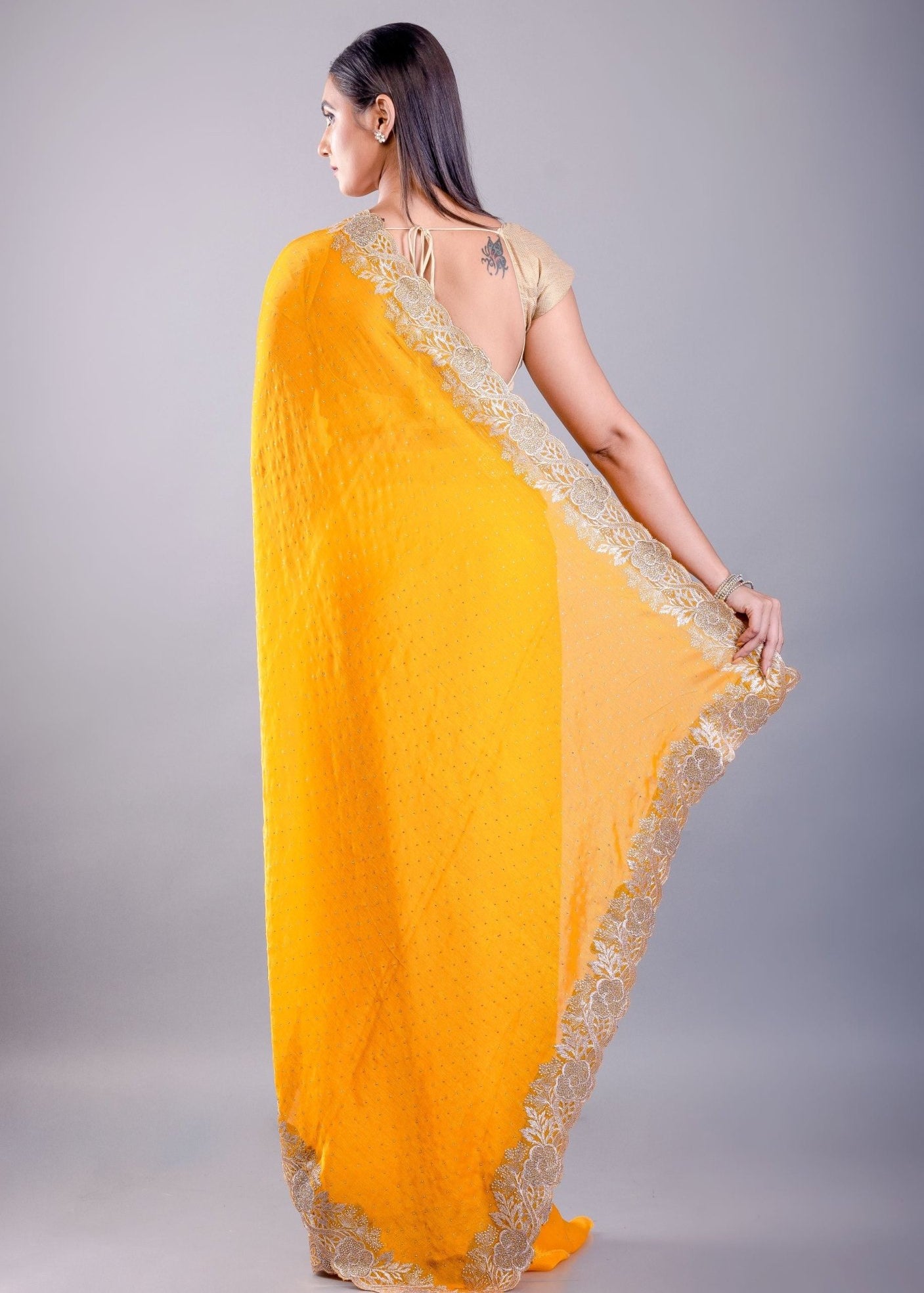 Yellow Jimmy Choo Saree With Gold Embroidered Emblishment - Anvi Couture
