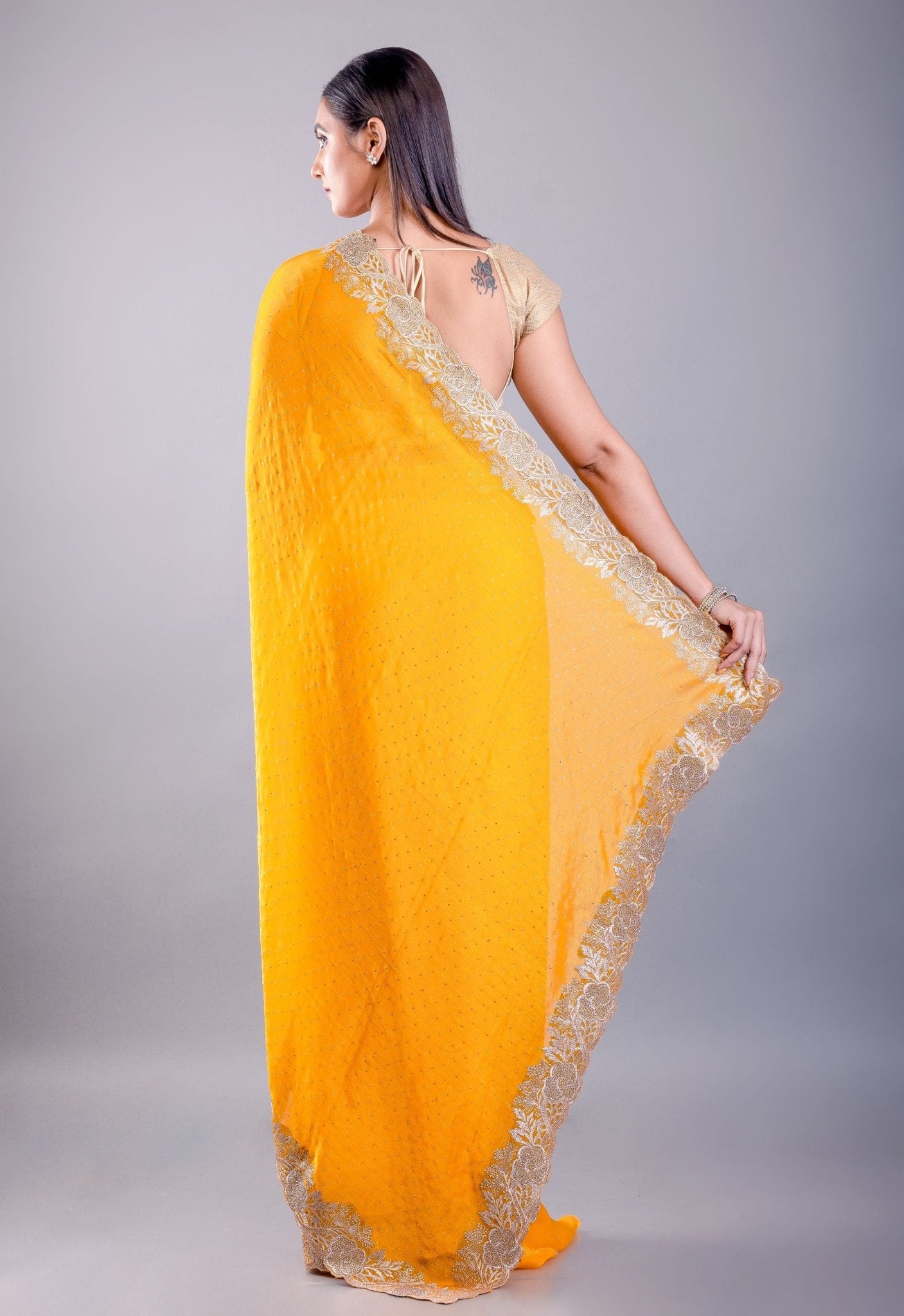 Yellow Jimmy Choo Saree With Gold Embroidered Embellishment – Back View – Anvi Couture