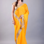 Yellow Jimmy Choo Saree – Gold Embroidered Embellishment – Drape View – Anvi Couture