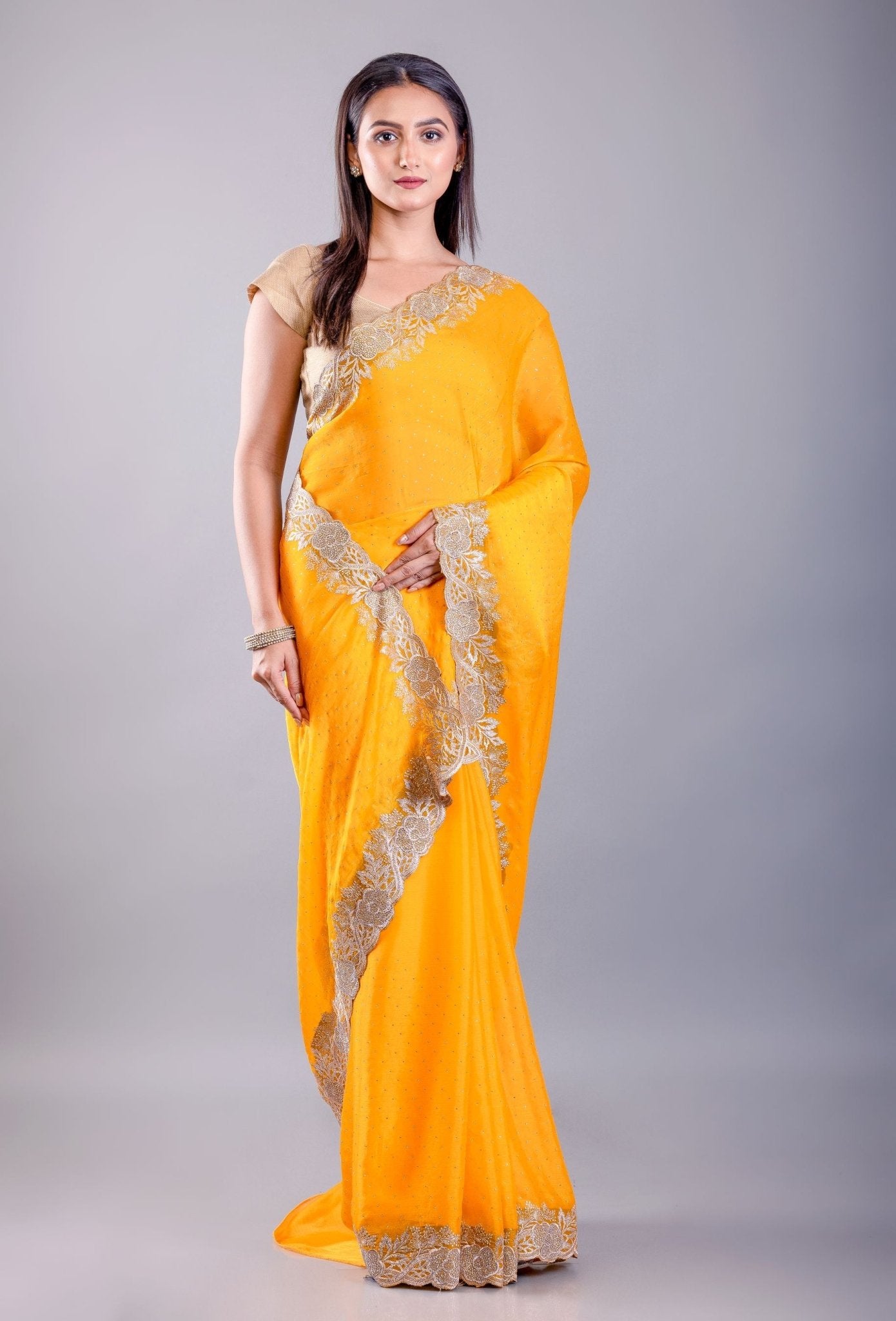 Yellow Jimmy Choo Saree – Gold Embroidered Embellishment – Drape View – Anvi Couture