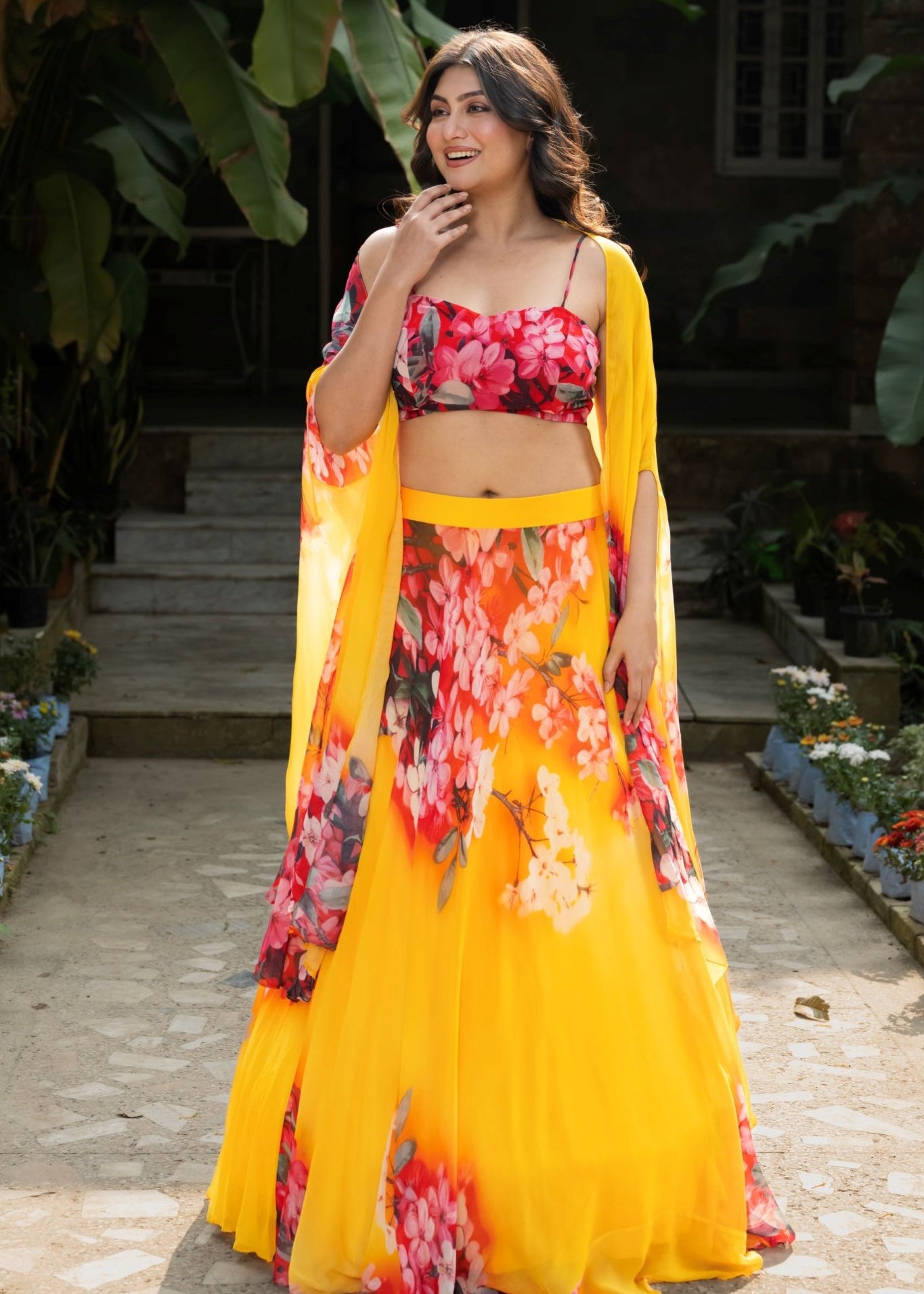 Yellow Lehenga with Multicolored Floral Prints in Georgette Fabrics - Anvi Couture