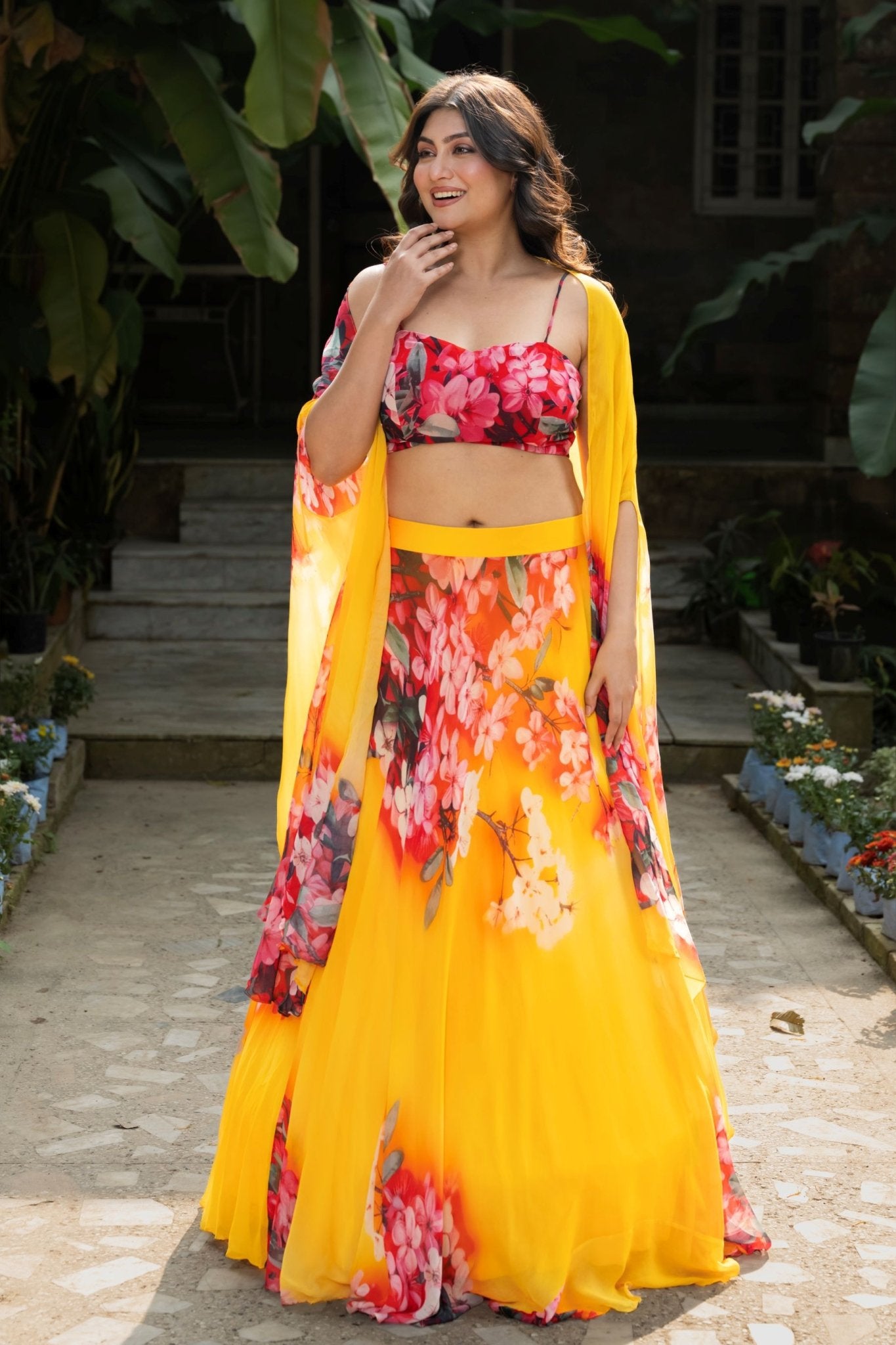 Yellow Lehenga with Multicolored Floral Prints in Georgette Fabrics - Anvi Couture