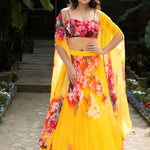 Yellow Lehenga with Multicolored Floral Prints in Georgette Fabrics - Anvi Couture