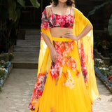 Yellow Lehenga with Multicolored Floral Prints in Georgette Fabrics - Anvi Couture