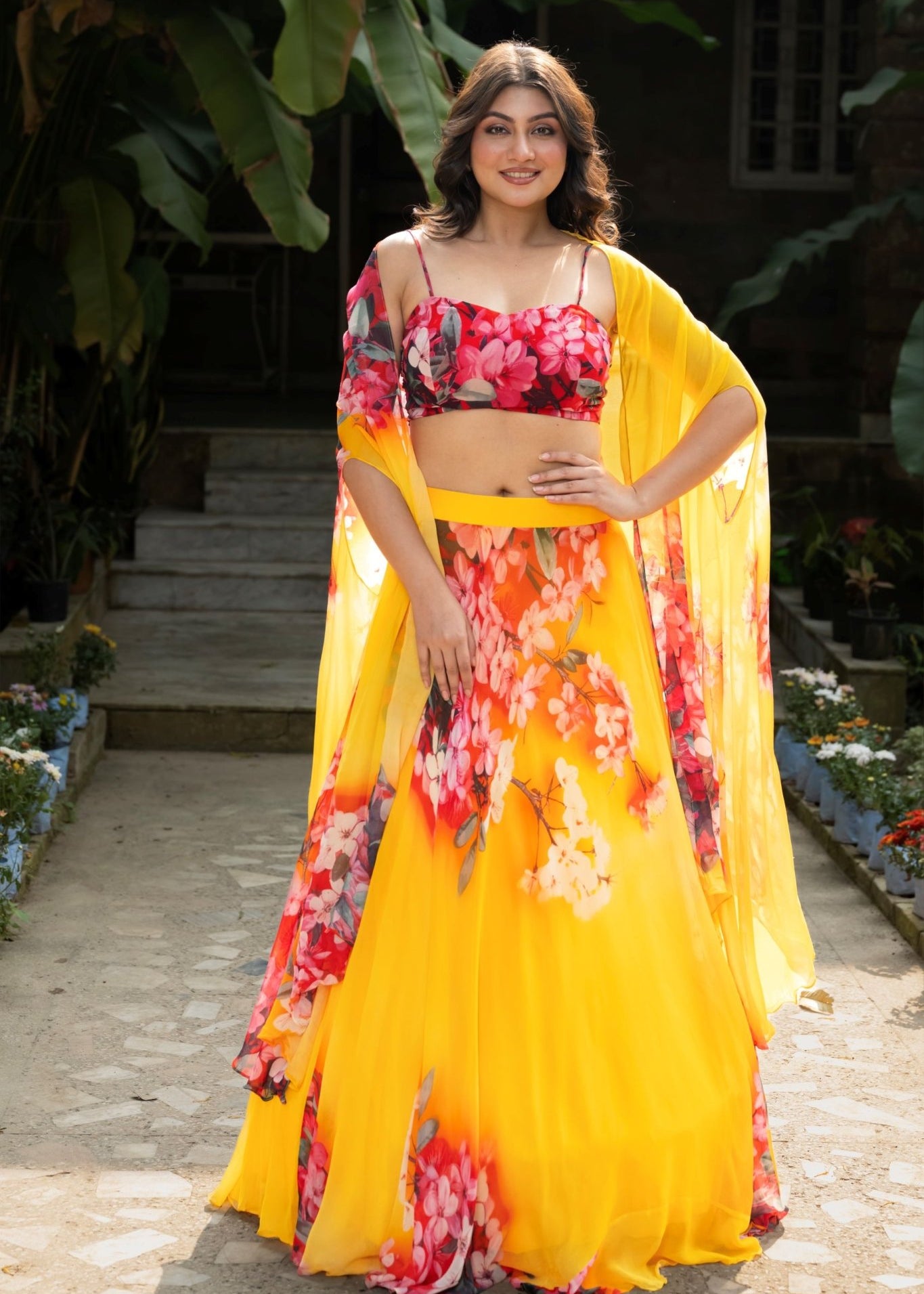 Yellow Lehenga with Multicolored Floral Prints in Georgette Fabrics - Anvi Couture