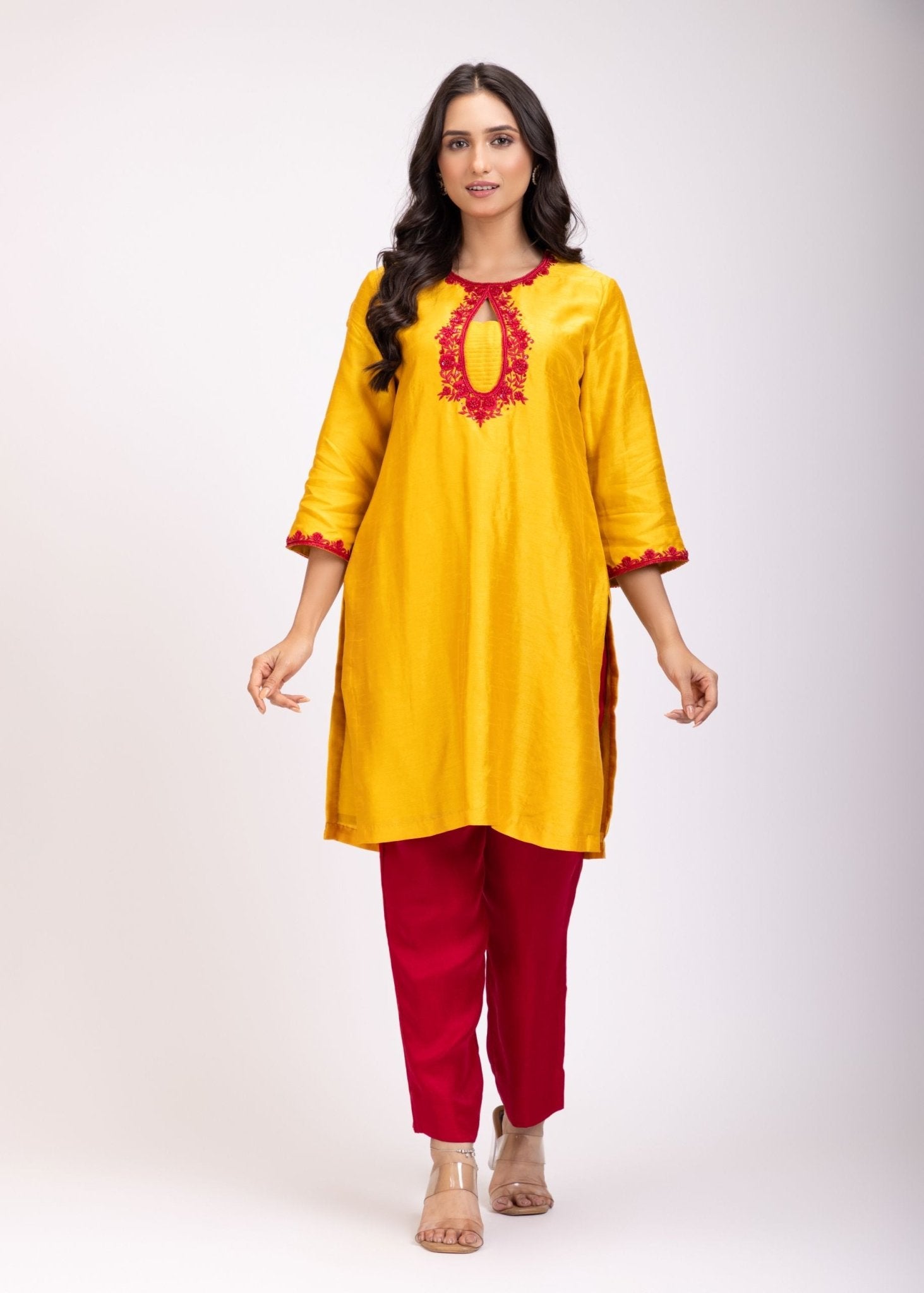 Yellow & Maroon Straight Kurti Set - Anvi Couture