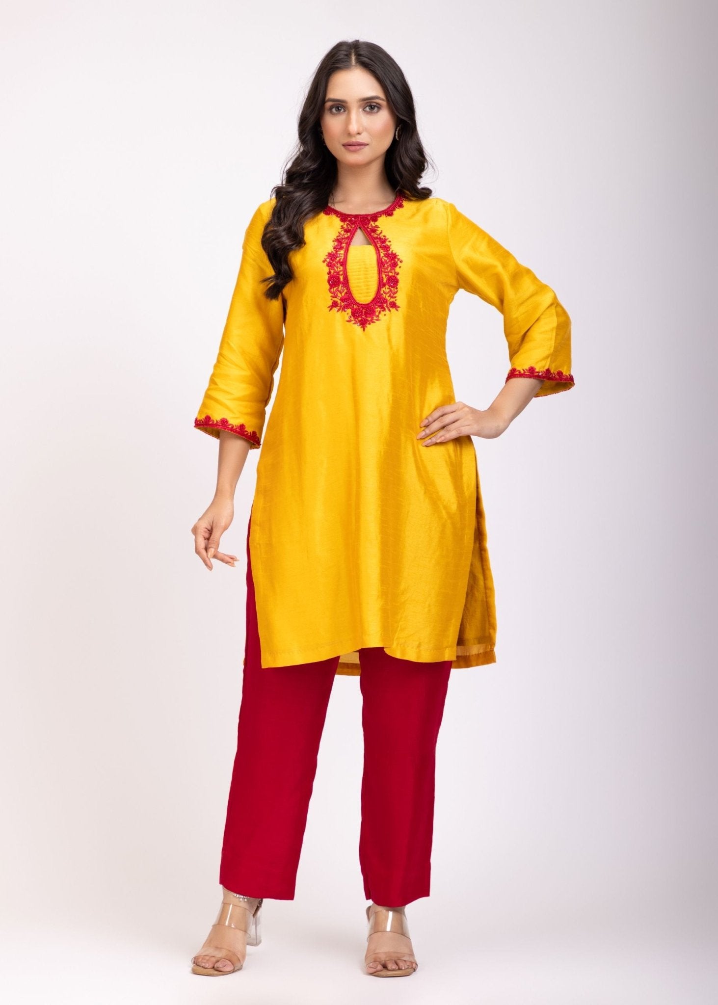 Yellow & Maroon Straight Kurti Set - Anvi Couture