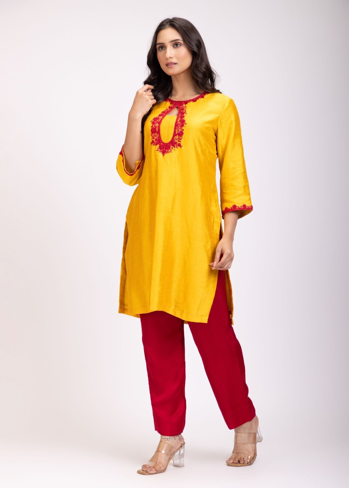 Yellow & Maroon Straight Kurti Set - Anvi Couture