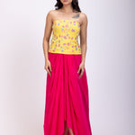 Yellow Off Shoulder Corset And Drape Skirt With Embroidery And Cut Dana Detail Work full