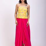 Yellow Off Shoulder Corset And Drape Skirt With Embroidery And Cut Dana Detail Work full