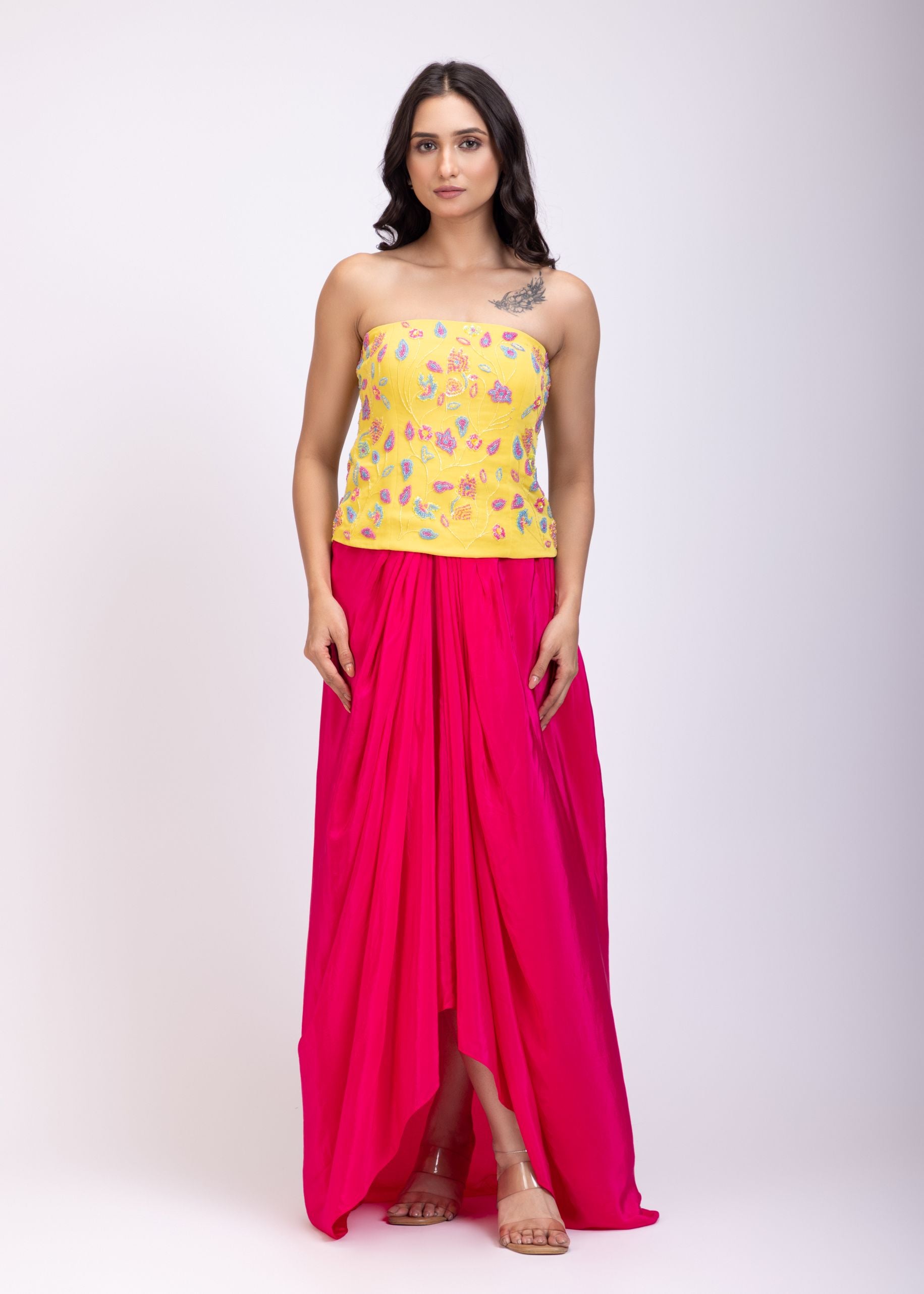 Yellow Off Shoulder Corset And Drape Skirt With Embroidery And Cut Dana Detail Work full