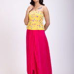 Yellow Off Shoulder Corset And Drape Skirt With Embroidery And Cut Dana Detail Work front