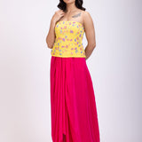 Yellow Off Shoulder Corset And Drape Skirt With Embroidery And Cut Dana Detail Work front