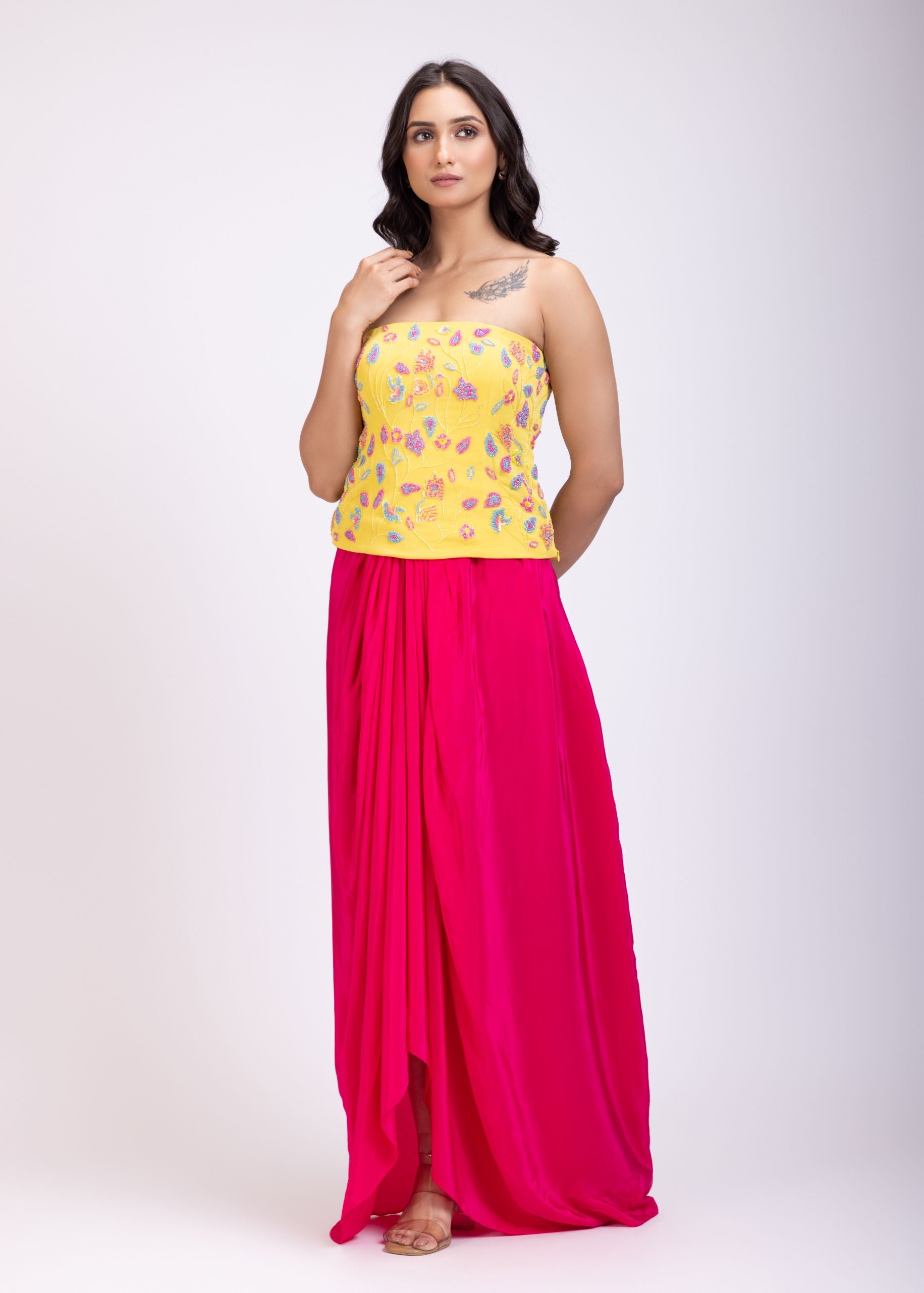 Yellow Off Shoulder Corset And Drape Skirt With Embroidery And Cut Dana Detail Work front