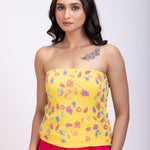 Yellow Off Shoulder Corset And Drape Skirt With Embroidery And Cut Dana Detail Work close up