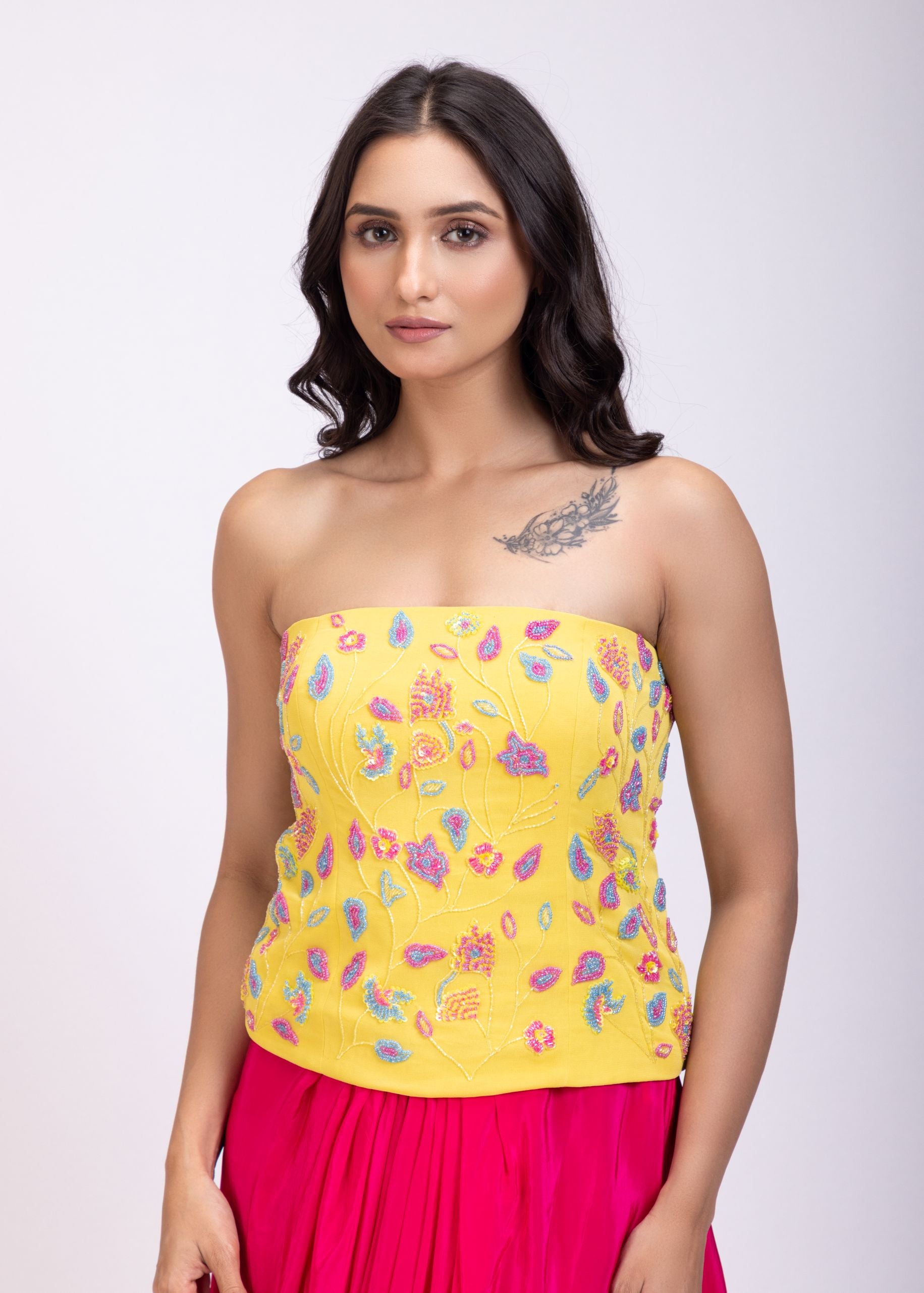 Yellow Off Shoulder Corset And Drape Skirt With Embroidery And Cut Dana Detail Work close up