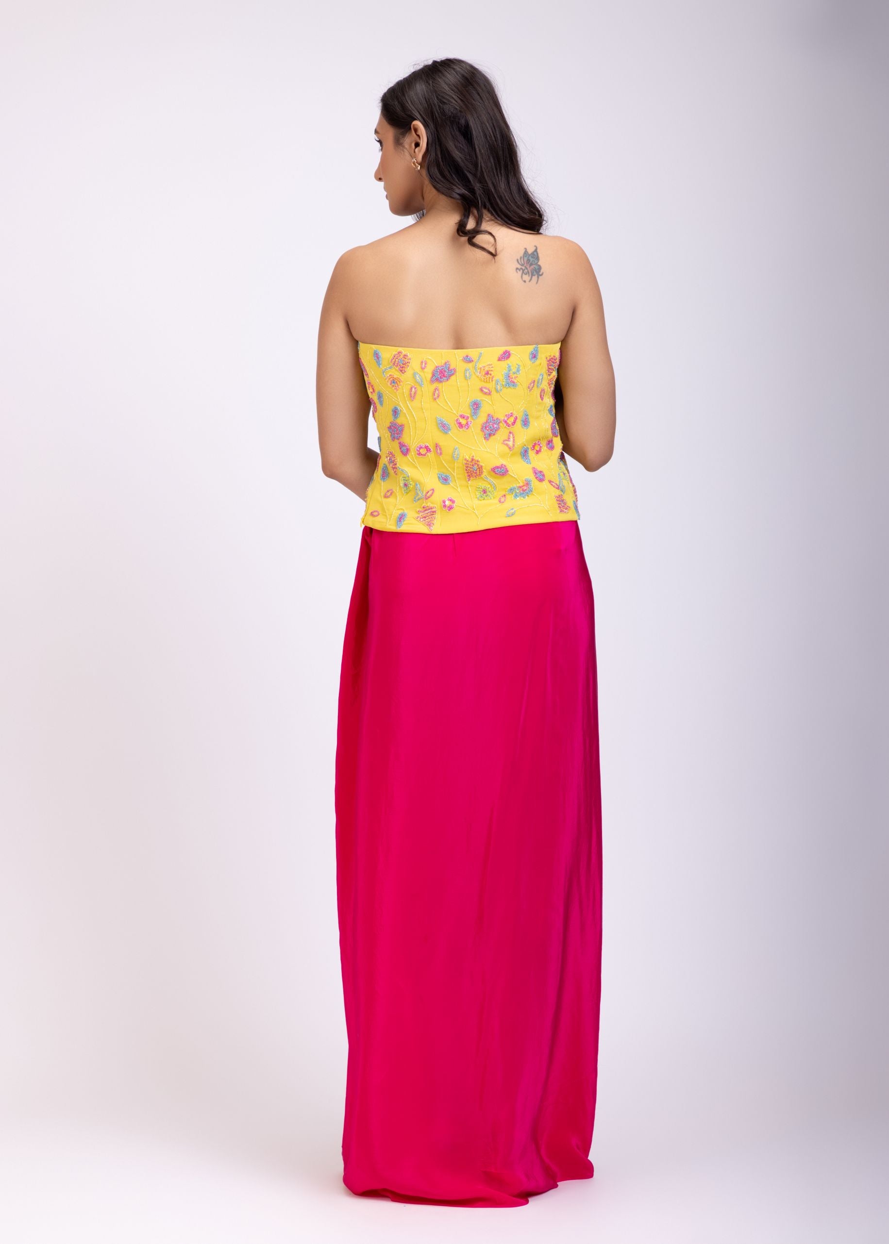 Yellow Off Shoulder Corset And Drape Skirt With Embroidery And Cut Dana Detail Work back
