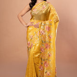 Yellow Organza Saree with Floral Resham Embroidery Work - Anvi Couture - Front 1