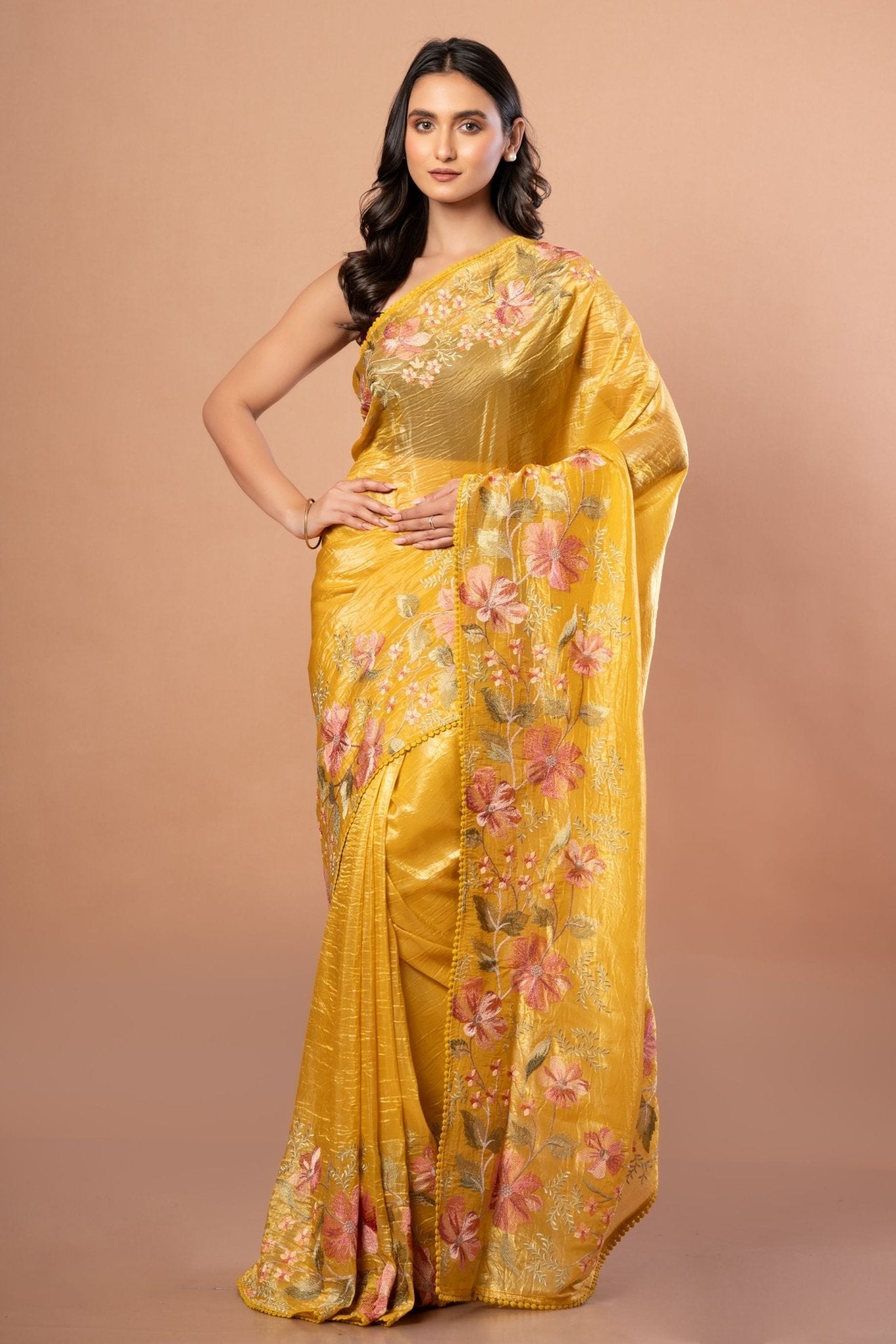 Yellow Organza Saree with Floral Resham Embroidery Work - Anvi Couture - Front 1