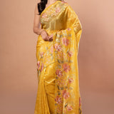 Yellow Organza Saree with Floral Resham Embroidery Work - Anvi Couture  Front 2