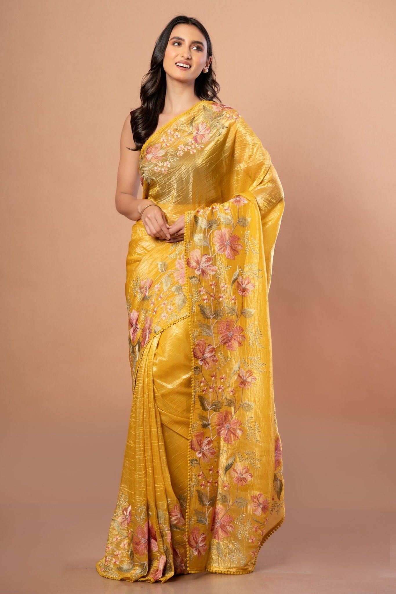 Yellow Organza Saree with Floral Resham Embroidery Work - Anvi Couture  Front 2