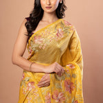 Yellow Organza Saree with Floral Resham Embroidery Work - Anvi Couture - Front 3
