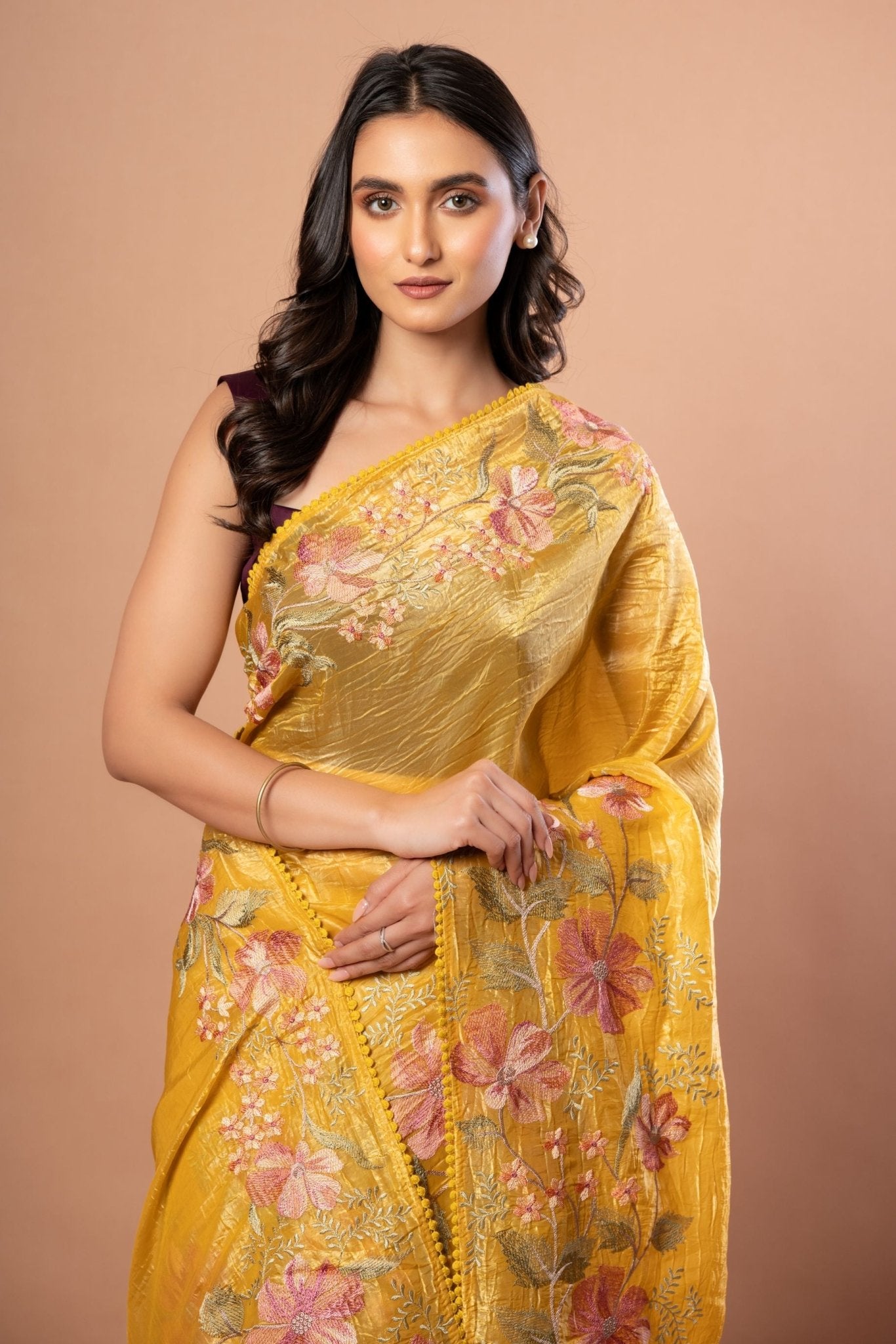 Yellow Organza Saree with Floral Resham Embroidery Work - Anvi Couture - Front 3