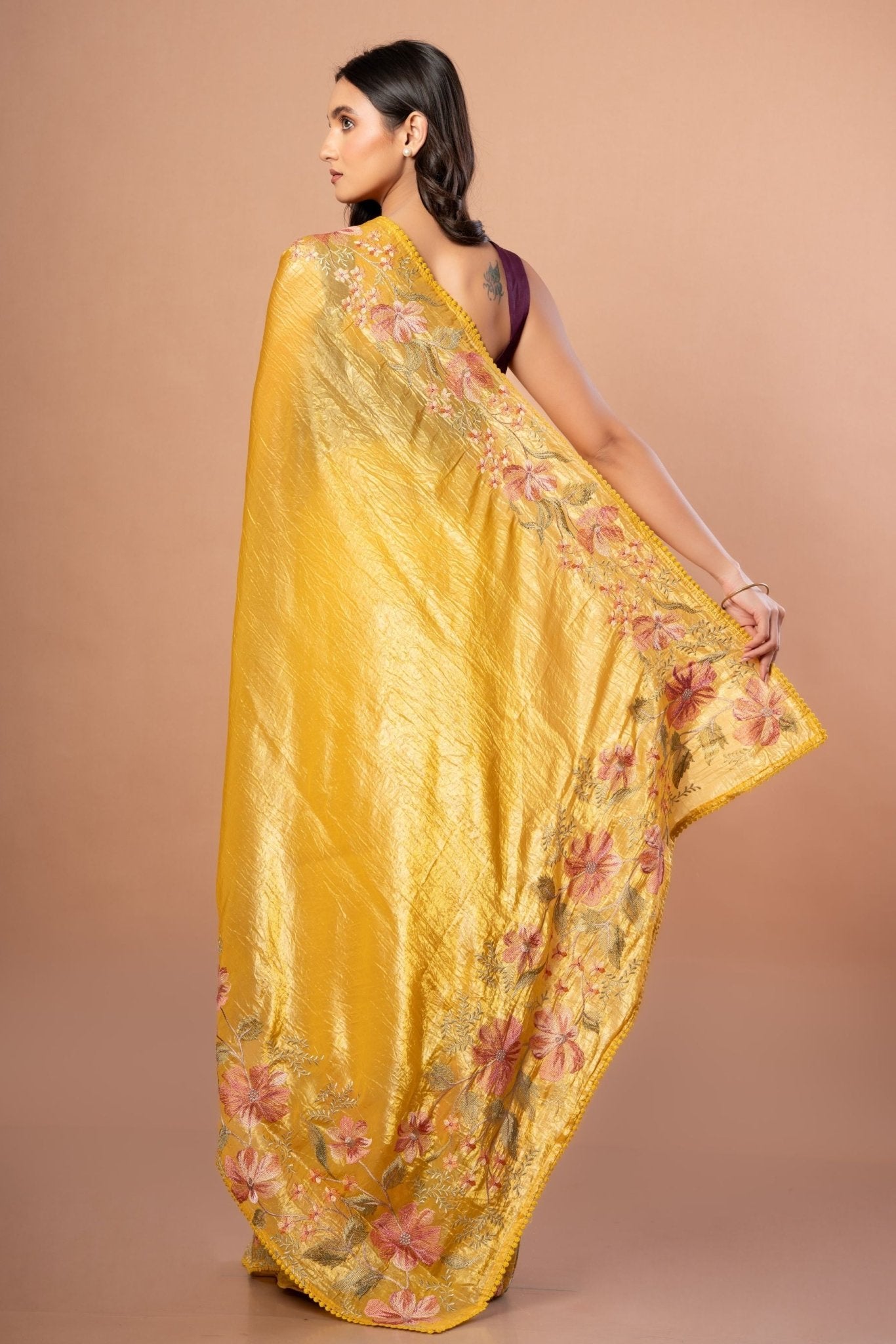 Yellow Organza Saree with Floral Resham Embroidery Work - Anvi Couture - Back