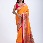 Yellow Paithani Silk Saree With Pink Floral Border and Pallu Full
