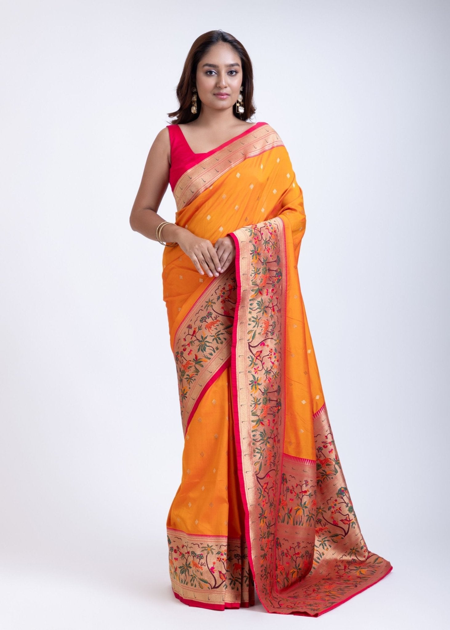 Yellow Paithani Silk Saree With Pink Floral Border and Pallu - Anvi Couture