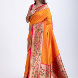 Yellow Paithani Silk Saree With Pink Floral Border and Pallu Front
