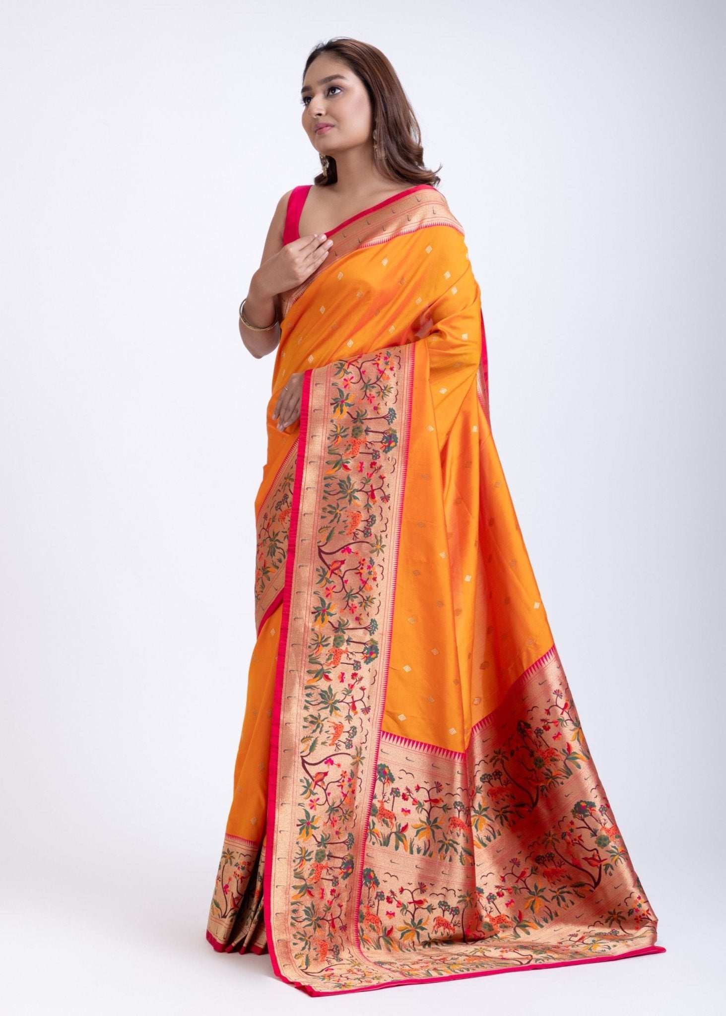 Yellow Paithani Silk Saree With Pink Floral Border and Pallu - Anvi Couture