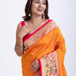  Yellow Paithani Silk Saree With Pink Floral Border and Pallu  Close Up
